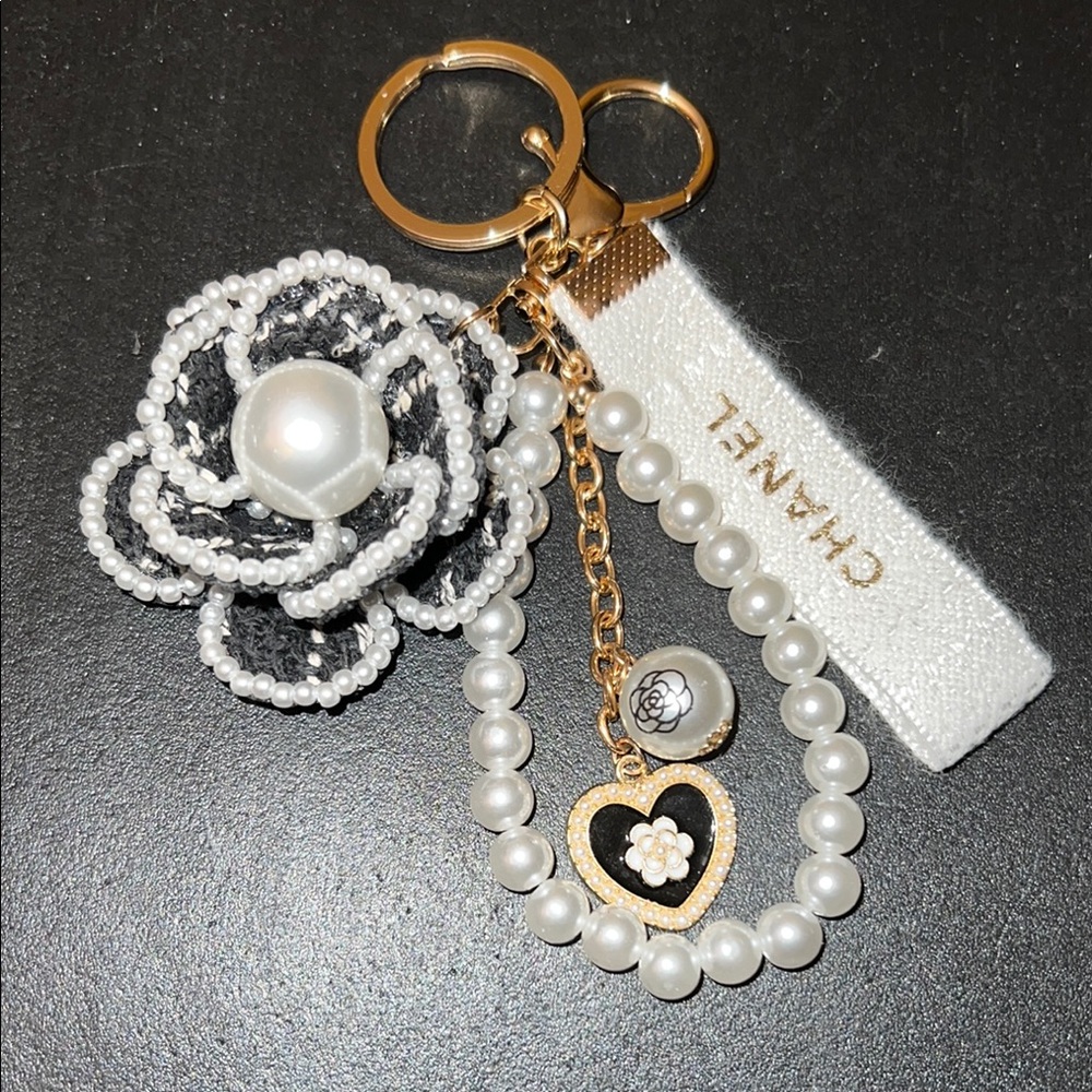 Black and Gold Keychain with Camila Flower and Authentic Chanel Ribbon